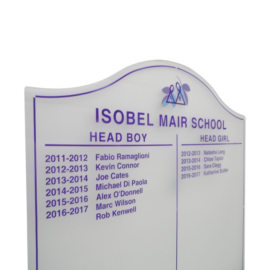 Frosted Acrylic Honours Board Hill Top