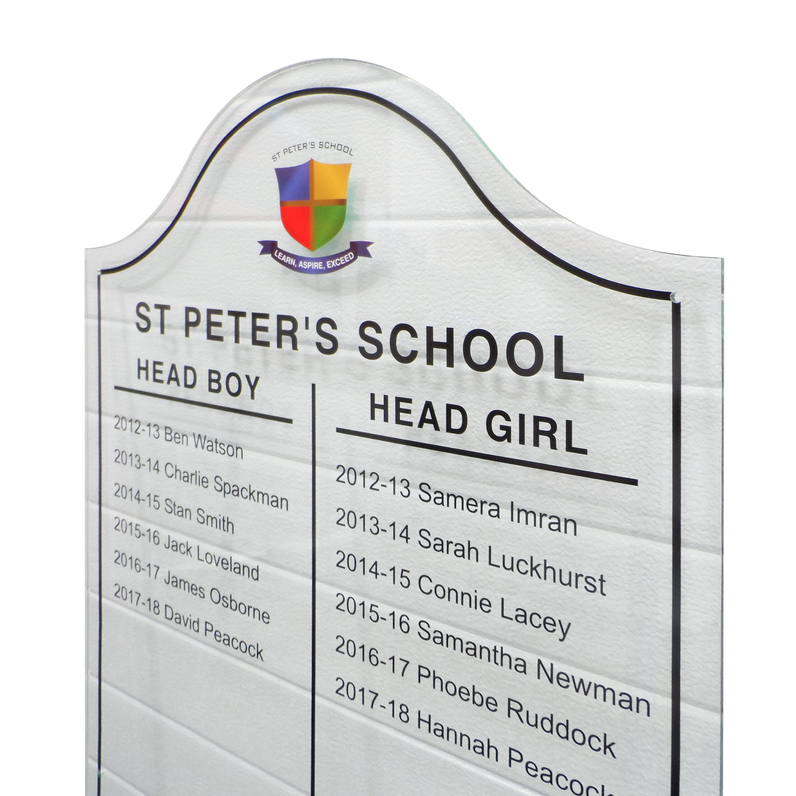 Glass Effect Acrylic Honours Board Hill Top