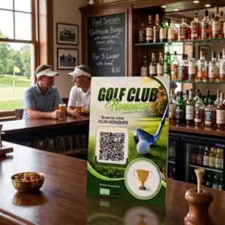 This digital honours board system subscription comes complete with a pack of 5 x A5 QR table top cardboard signs to place around your club house. Members can scan the QR code with their phone and will be taken to the clubs honours board system. The table top signs will have your club logo within the circle of the sign. Enhance your golf club honours board experience with creative honours boards unique digital system. 
#honoursboards